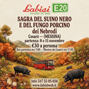 Sagra del Suino Nero e del Fungo Porcino dei Nebrodi a Cesaro' - Prezzo bus per persona €30 partenze 8 - 15 Novembre